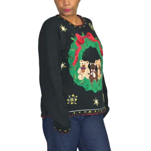 Ugly Christmas Sweater Vintage Teddy Bear Wreath Embroidery Knit Holiday Size XL - Picture 3 of 16